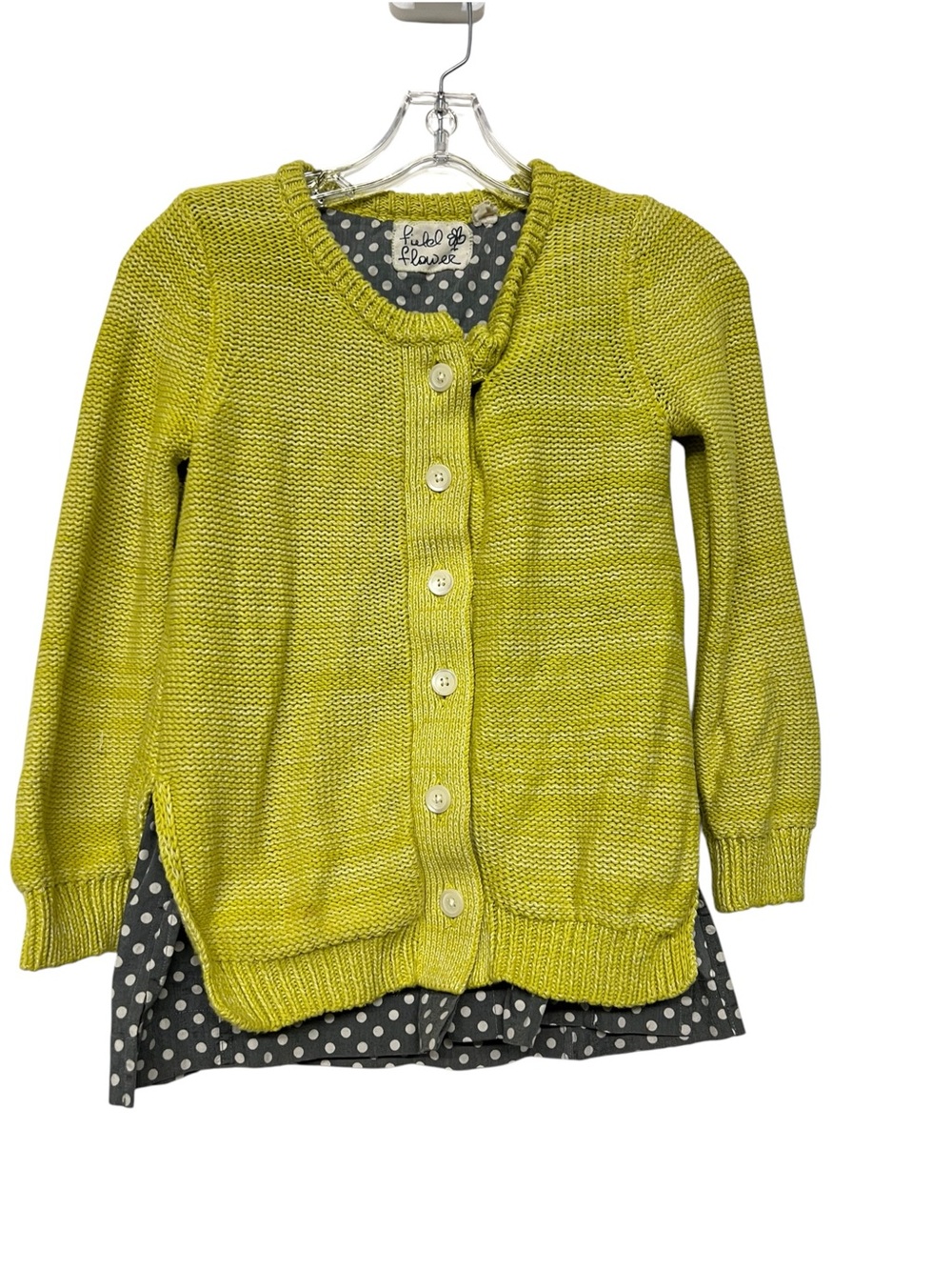 Anthropologie Field Flower Lime Green Button-Up Knit Cardigan Polka Dot